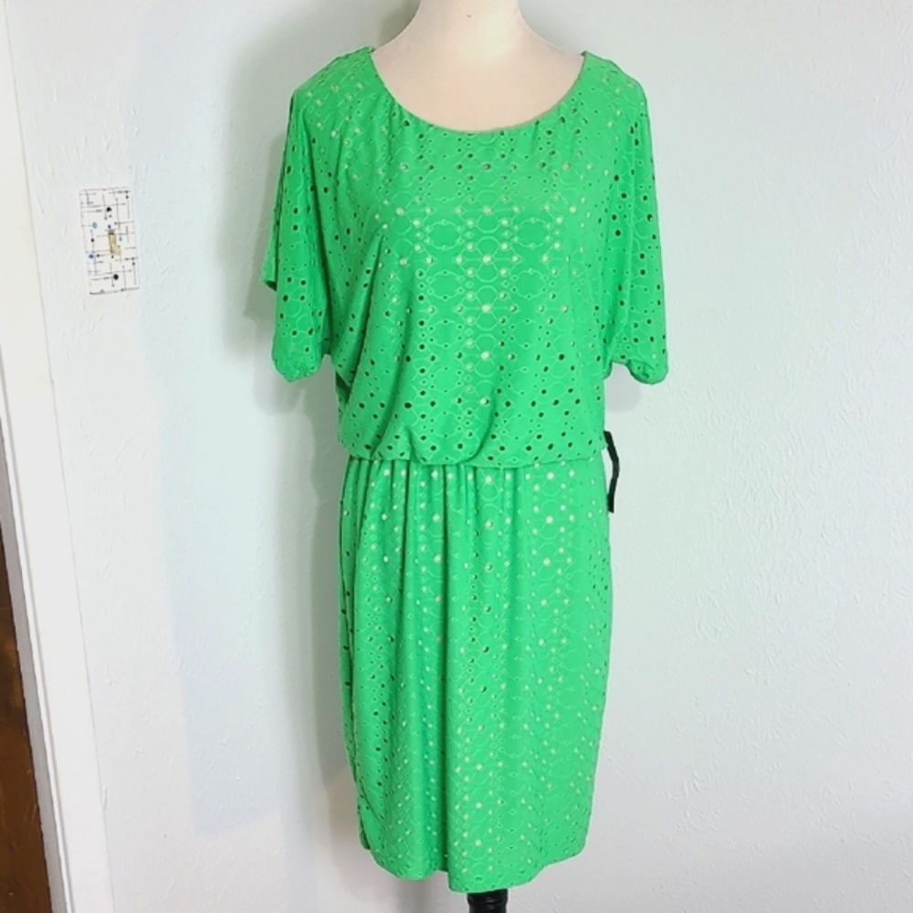 New York & Co. Green Eyelet Blouson Dress with Short Sleeves, Size Medium, NWT
